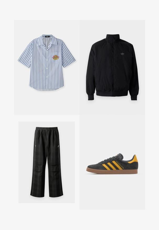 Čierna zips kombinéza s vysokým golierom, vyrobená z ľahkého materiálu. Obsahuje elastické manžety a pás, s malým logom na hornej ľavej strane.; Košeľa s krátkym rukávom modro-bielo pruhovaná, s gombíkmi vpredu, náprsnom vreckom a vyšívaným dizajnom kraba. Mäkko tkanina, voľný strih.; Čierne kockované nohavice s elastickým pásom, dvoma prednými vreckami a voľným strihom so rovnými nohavicami. Vyrobené z ľahkého materiálu.; Čierne semišové tenisky so žltými akcentmi, ktoré majú tri pruhy a hnedú gumovú podrážku. Obsahujú vypolstrovaný jazyk pre pohodlie.