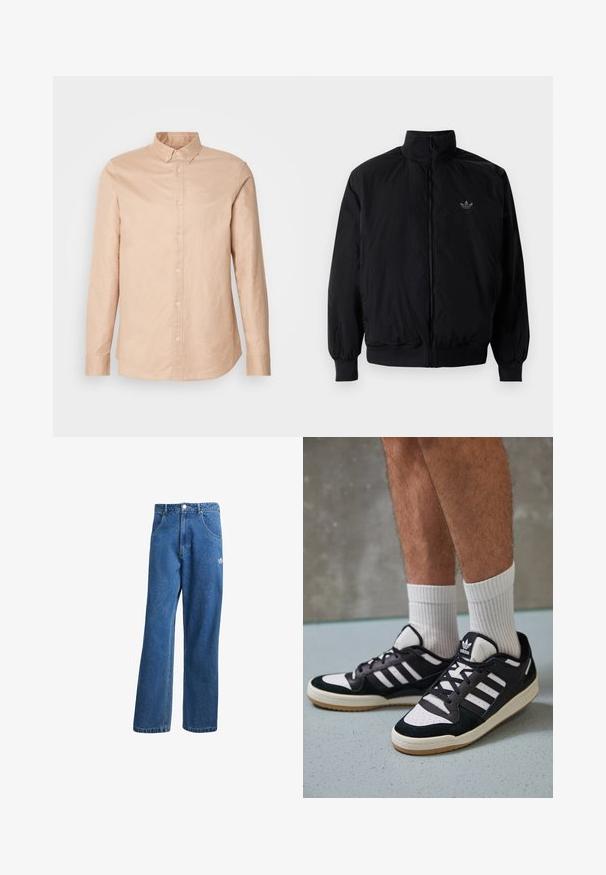 Black zipped jacket with high collar, made of lightweight material. Features elastic cuffs and waistband, with a small logo on the upper left.; Light beige button-up shirt made of cotton with long sleeves, a fitted collar, and a small logo on the chest. Smooth texture, classic design.; Blue high-waist wide-leg denim jeans with front pockets, belt loops, button closure, and small Adidas logo on the right thigh.; Black and white sneakers with a suede and leather upper, featuring three white stripes, a perforated toe, and a gum rubber sole.
