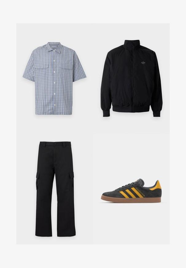 Chaqueta negra con cremallera y cuello alto, hecha de material ligero. Cuenta con puños y cinturilla elásticos, y un pequeño logo en la parte superior izquierda.; Camisa de manga corta con botones, con patrón a cuadros en azul, blanco y negro, y dos bolsillos con solapa en el pecho sobre fondo blanco.; Pantalones cargo negros con un diseño de pierna recta. Fabricados con un tejido duradero, cuentan con dos bolsillos laterales con cierres de solapa y una cremallera de botón.; Zapatillas de ante negro con acentos amarillos, que presentan tres franjas y una suela de goma marrón. Incluyen una lengüeta acolchada para mayor comodidad.