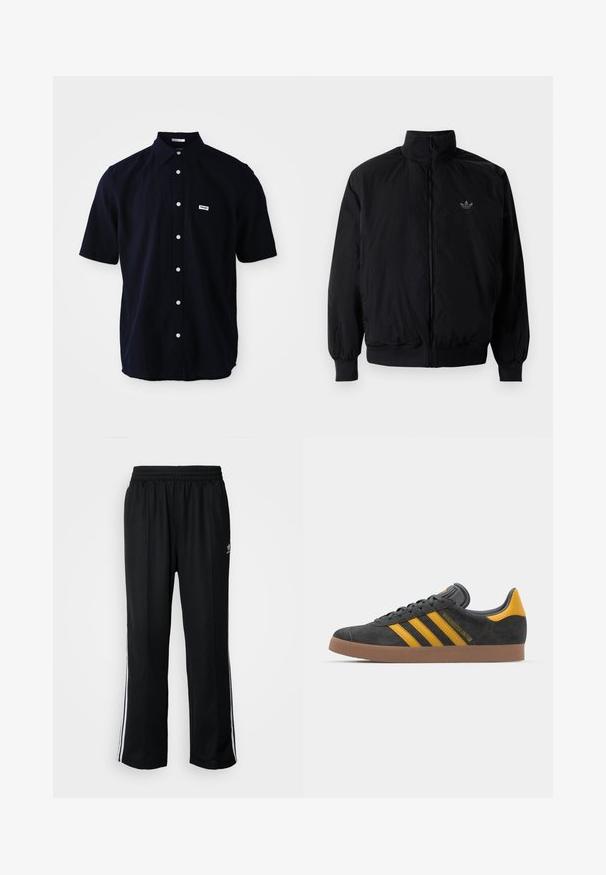 Giacca nera con zip e colletto alto, realizzata in materiale leggero. Presenta polsini e vita elastici, con un piccolo logo in alto a sinistra.; Camicetta in tessuto leggero, a maniche corte e di colore blu navy scuro. Presenta un colletto classico, una tasca applicata e bottoni bianchi.; Pantaloni da allenamento neri con elastico in vita, dotati di bande laterali bianche e un piccolo logo. Il materiale sembra morbido e leggero.; Sneaker in suede nero con dettagli gialli, dotato di tre strisce e una suola in gomma marrone. Include una linguetta imbottita per il comfort.