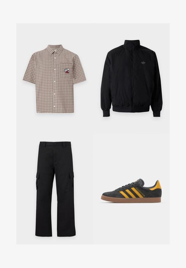 Czarna kurtka zapinana na zamek z wysokim kołnierzem, wykonana z lekkiego materiału. Posiada elastyczne mankiety i pas, oraz małe logo na górnej lewej stronie.; Koszula w brązową kratę z krótkim rękawem, z kołnierzem zapinanym na guziki i kieszonką na piersi z haftowanym wzorem w kolorze czerwonym i czarnym.; Czarne spodnie cargo o prostym kroju. Wykonane z trwałej tkaniny, posiadają dwie boczne kieszenie z klapkami oraz zapięcie na guzik.; Czarne zamszowe sneakersy z żółtymi akcentami, z trzema paskami i brązową gumową podeszwą. Posiadają wyściełany język dla większego komfortu.