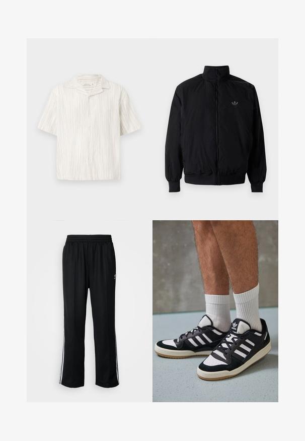 Black zipped jacket with high collar, made of lightweight material. Features elastic cuffs and waistband, with a small logo on the upper left.; Short-sleeve button-up shirt in light beige linen with vertical textured stripes, a pointed collar, and a relaxed fit.; Black athletic pants with an elastic waistband, featuring white side stripes and a small logo. Material appears soft and lightweight.; Black and white sneakers with a suede and leather upper, featuring three white stripes, a perforated toe, and a gum rubber sole.