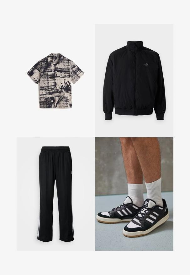 Black zipped jacket with high collar, made of lightweight material. Features elastic cuffs and waistband, with a small logo on the upper left.; Vans Shirt - medium brown; Black athletic pants with an elastic waistband, featuring white side stripes and a small logo. Material appears soft and lightweight.; Black and white sneakers with a suede and leather upper, featuring three white stripes, a perforated toe, and a gum rubber sole.