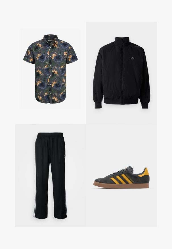 Black zipped jacket with high collar, made of lightweight material. Features elastic cuffs and waistband, with a small logo on the upper left.; Short-sleeve shirt in dark gray fabric featuring a tropical floral pattern in green, orange, and yellow tones. Button-up design with collar.; Black athletic pants with an elastic waistband, featuring white side stripes and a small logo. Material appears soft and lightweight.; Black suede sneaker with yellow accents, featuring three stripes and a brown rubber sole. Includes a padded tongue for comfort.