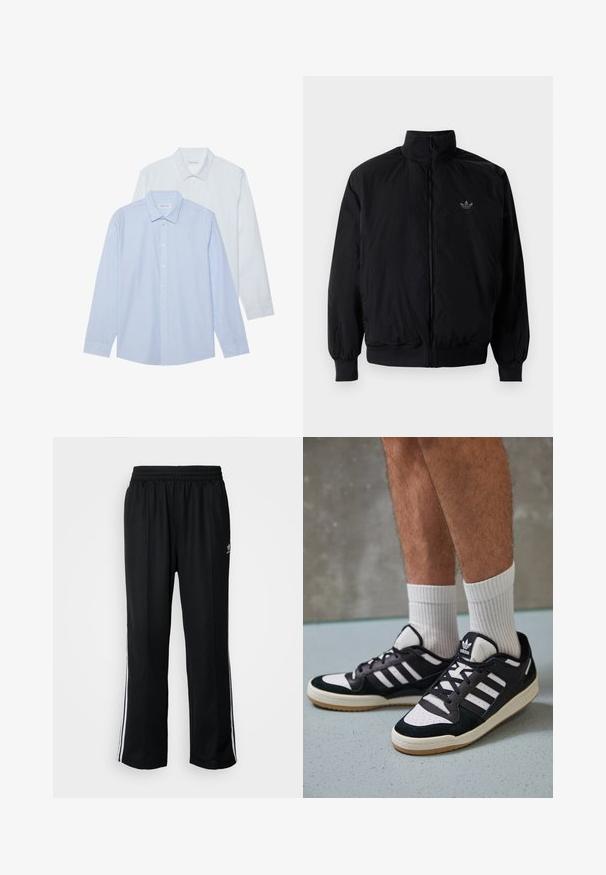 Schwarze Jacke mit Reißverschluss und hohem Kragen, aus leichtem Material gefertigt. Verfügt über elastische Bündchen und einen elastischen Saum, mit einem kleinen Logo oben links.; Zwei Langarmhemden: eines hellblau mit dünnen vertikalen Streifen, das andere einfarbig weiß. Beide haben einen Kragen und eine Knopfleiste.; Schwarze Sporthosen mit elastischem Bund, ausgestattet mit weißen Seitenstreifen und einem kleinen Logo. Das Material wirkt weich und leicht.; Schwarz-weiße Sneaker mit einem Obermaterial aus Wildleder und Leder, ausgestattet mit drei weißen Streifen, einer perforierten Zehenpartie und einer Sohle aus Gummi.