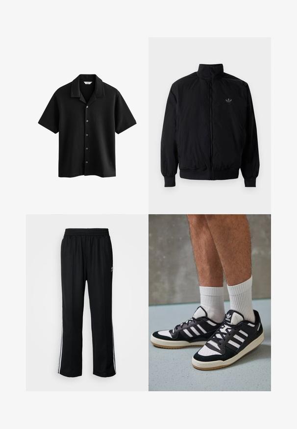 Sort lynlåsjakke med høj krave, fremstillet af letvægtsmateriale. Har elastiske manchetter og talje, med et lille logo på øverste venstre side.; Next CUBAN COLLAR REGULAR FIT - Skjorter - black; Sorte træningsbukser med elastisk talje, der har hvide sidestænger og et lille logo. Materialet ser blødt og let ud.; Sorte og hvide sneakers med en overdel i ruskind og læder, der har tre hvide striber, en perforeret tå og en sål i gummigummi.