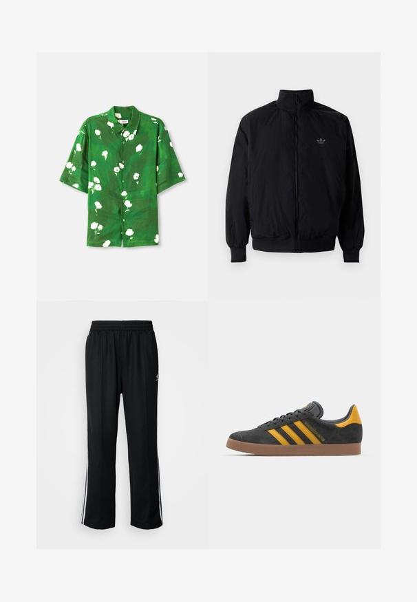 Černá zipová bunda s vysokým límcem, vyrobená z lehkého materiálu. Má elastické manžety a pas, s malým logem na horní levé straně.; Košile s krátkým rukávem v zelené barvě se vzorem bílých květin, s límcem typu camp a volným střihem. Texturovaný, lehký materiál.; Černé sportovní kalhoty s elastickým pasem, s bílými bočními pruhy a malým logem. Materiál vypadá měkce a lehce.; Černé semišové tenisky se žlutými akcenty, vybavené třemi pruhy a hnědou gumovou podrážkou. Obsahují polstrovaný jazyk pro pohodlí.