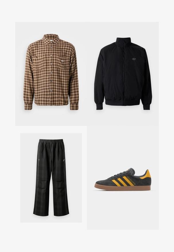 Černá zipová bunda s vysokým límcem, vyrobená z lehkého materiálu. Má elastické manžety a pas, s malým logem na horní levé straně.; Hnědá kostkovaná košile vyrobená z měkké tkaniny, s designem na knoflíky, dvěma náprsními kapsami a vyšitým logem na levé kapse.; Černé kostkované kalhoty s elastickým pasem, dvěma předními kapsami a volným střihem se rovnými nohavicemi. Vyrobeny z lehkého materiálu.; Černé semišové tenisky se žlutými akcenty, vybavené třemi pruhy a hnědou gumovou podrážkou. Obsahují polstrovaný jazyk pro pohodlí.