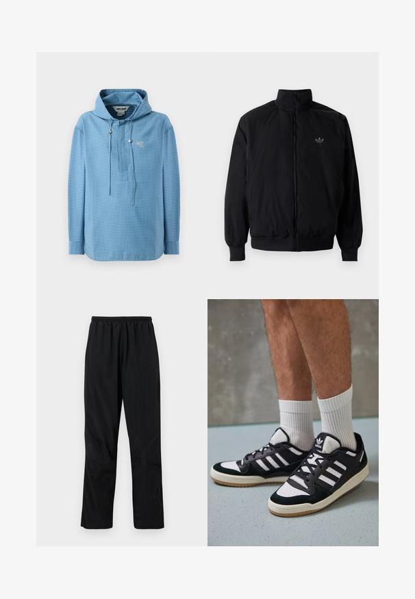Černá zipová bunda s vysokým límcem, vyrobená z lehkého materiálu. Má elastické manžety a pas, s malým logem na horní levé straně.; Světle modrá mikina s kapucí s kostkovaným vzorem, obsahující stahovací šňůrku, dlouhé rukávy a malé logo na hrudi.; Černé nylonové kalhoty s elastickým pasem, s lehkým, strukturovaným povrchem a švy pro moderní design.; Černobílé tenisky s vrchní částí z semišové a kožené kůže, včetně tří bílých pruhů, perforovaného špičky a podrážky z gumy.