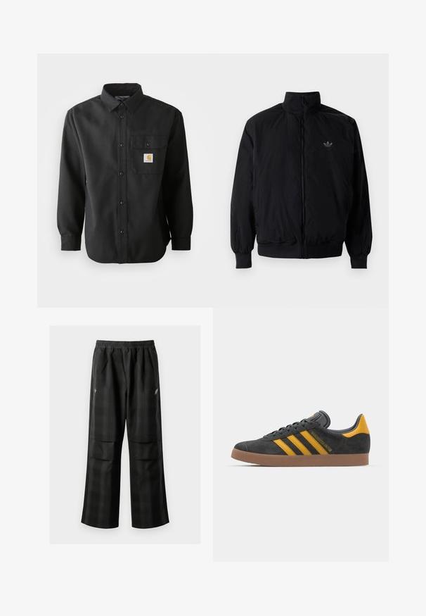Svart zipjacka med hög krage, tillverkad av lätt material. Har elastiska cuffar och midja, med en liten logo på övre vänster.; Svart långärmad skjorta med knappstängning, spetsig krage och bröstficka med en logotypapak. Mjuk, texturerad tyg.; Svarta rutiga byxor med elastisk midja, två framfickor och en lös passform med rak bendesign. Tillverkade av lätt material.; Svart mockaskor med gula accenter, med tre ränder och en brun gummisula. Inkluderar en vadderad tunga för extra komfort.