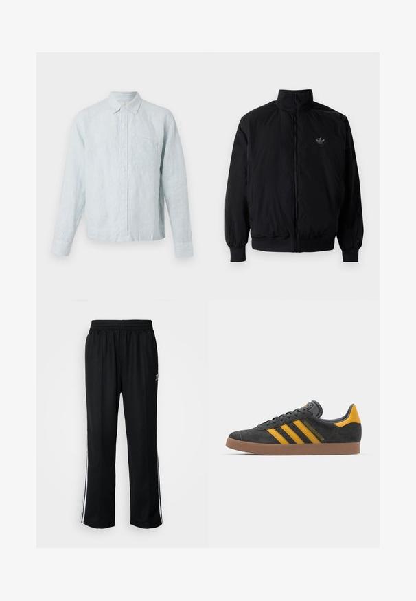 Black zipped jacket with high collar, made of lightweight material. Features elastic cuffs and waistband, with a small logo on the upper left.; Light blue striped button-up shirt with long sleeves, single chest pocket, and a classic collar, made from a soft textured fabric.; Black athletic pants with an elastic waistband, featuring white side stripes and a small logo. Material appears soft and lightweight.; Black suede sneaker with yellow accents, featuring three stripes and a brown rubber sole. Includes a padded tongue for comfort.