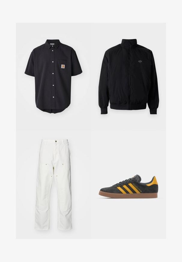 Black zipped jacket with high collar, made of lightweight material. Features elastic cuffs and waistband, with a small logo on the upper left.; Short-sleeve, button-up shirt in textured dark navy fabric, featuring a front chest pocket with a square logo patch and white buttons.; White cotton cargo pants with a relaxed fit. Features include front pockets, gold hardware accents, and reinforced knee sections.; Black suede sneaker with yellow accents, featuring three stripes and a brown rubber sole. Includes a padded tongue for comfort.