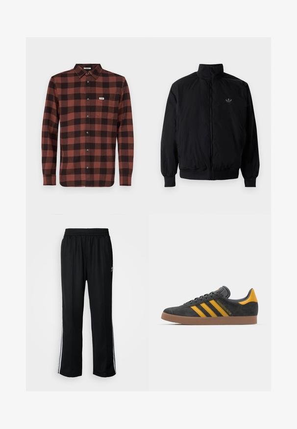 Giacca nera con zip e colletto alto, realizzata in materiale leggero. Presenta polsini e vita elastici, con un piccolo logo in alto a sinistra.; Camicia a maniche lunghe in cotone a quadri rossi e neri, con colletto bottone-down, chiusura con bottoni sulla parte anteriore e taschino sul petto con logo.; Pantaloni da allenamento neri con elastico in vita, dotati di bande laterali bianche e un piccolo logo. Il materiale sembra morbido e leggero.; Sneaker in suede nero con dettagli gialli, dotato di tre strisce e una suola in gomma marrone. Include una linguetta imbottita per il comfort.