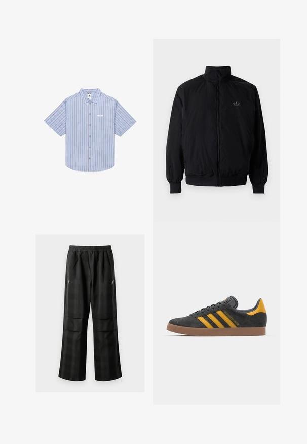 Sort lynlåsjakke med høj krave, fremstillet af letvægtsmateriale. Har elastiske manchetter og talje, med et lille logo på øverste venstre side.; Kortærmet skjorte med knapper i lyseblå med røde lodrette striber, med en struktureret krave og et lille mærke på venstre bryst.; Sorte ternede bukser med elastisk talje, to forlommer og en løs pasform med lige ben. Fremstillet af letvægtsmateriale.; Sort suedet sneaker med gule accenter, der har tre striber og en brun gummisål. Inkluderer en polstret tunge for komfort.