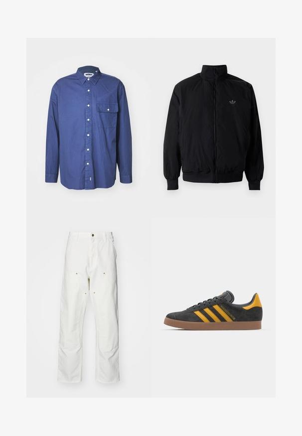 Musta vetoketjullinen takki, jossa on korkea kaulus, valmistettu kevyestä materiaalista. Varustettu joustavilla hihoilla ja vyötäröllä, ja ylävasemmalla on pieni logo.; Tummansininen pitkähihaisen nappipaidan, joka on valmistettu kudotusta kankaasta. Paidassa on terävä kaulus, etutasku ja valkoiset napit nappilistan varrella.; Valkoiset puuvillaiset cargo-housut, joissa on rento istuvuus. Ominaisuuksiin kuuluvat etutaskut, kultaiset yksityiskohdat ja vahvistetut polviosat.; Mustat samettiset tennarit, joissa on keltaisia yksityiskohtia, kolmonen raita ja ruskea kumipohja. Sisältää pehmustetun kielisen mukavuutta varten.