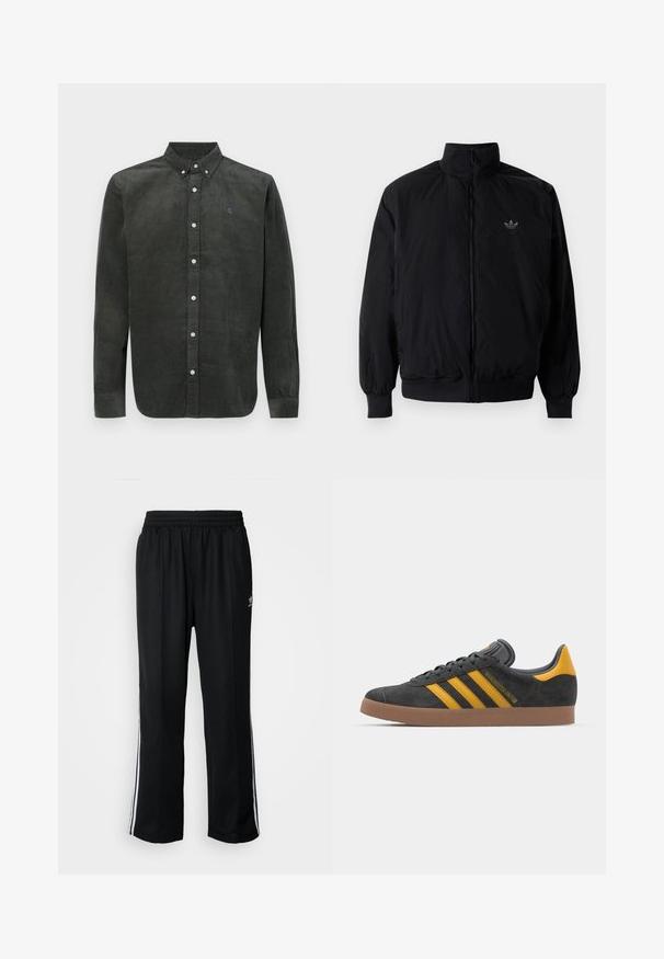 Giacca nera con zip e colletto alto, realizzata in materiale leggero. Presenta polsini e vita elastici, con un piccolo logo in alto a sinistra.; Camicia in corduroy verde scuro con colletto a punta, maniche lunghe e chiusura con bottoni frontale. Presenta sottili righe verticali e logo.; Pantaloni da allenamento neri con elastico in vita, dotati di bande laterali bianche e un piccolo logo. Il materiale sembra morbido e leggero.; Sneaker in suede nero con dettagli gialli, dotato di tre strisce e una suola in gomma marrone. Include una linguetta imbottita per il comfort.
