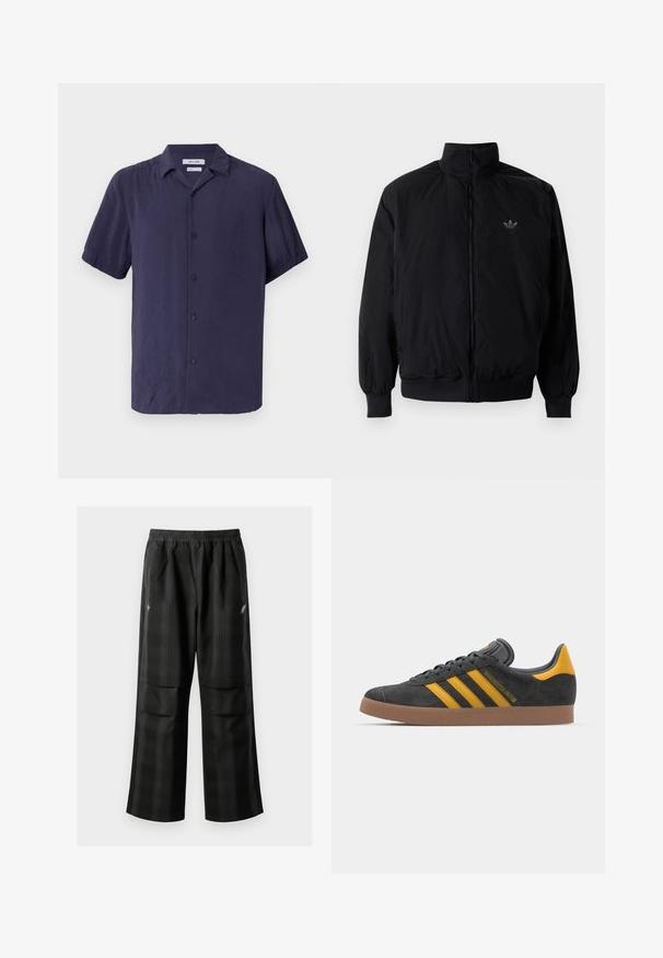 Musta vetoketjullinen takki, jossa on korkea kaulus, valmistettu kevyestä materiaalista. Varustettu joustavilla hihoilla ja vyötäröllä, ja ylävasemmalla on pieni logo.; Lyhythihainen, nappikauluspaita tummansinisenä, valmistettu kevyestä kankaasta, jossa on sileä tekstuuri ja klassinen kaulustyyli.; Mustat ruudulliset housut, joissa on joustava vyötärö, kaksi etutaskua ja rento istuvuus suoralla lahkeella. Valmistettu kevyestä materiaalista.; Mustat samettiset tennarit, joissa on keltaisia yksityiskohtia, kolmonen raita ja ruskea kumipohja. Sisältää pehmustetun kielisen mukavuutta varten.