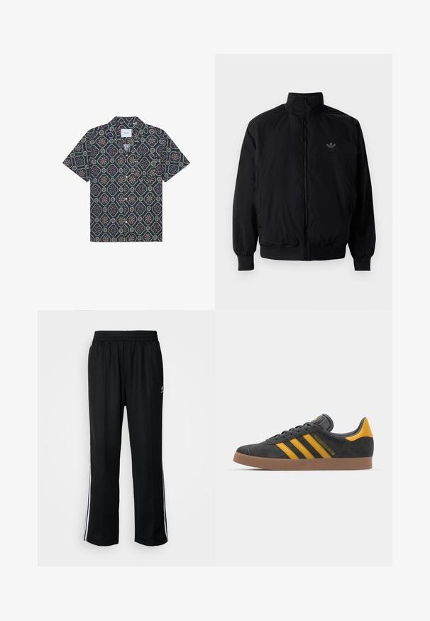 Crna jakna na zip s visokim ovratnikom, izrađena od laganog materijala. Ima elastične manžete i pojas, s malim logotipom na gornjem lijevom dijelu.; Košulja s kratkim rukavima od tamnoplavog materijala s geometrijskim cvjetnim uzorkom u živopisnim bojama, s kopčanjem sprijeda i opuštenim ovratnikom.; Crne sportske hlače s elastičnom trakom oko struka, s bijelim bočnim prugama i malim logotipom. Materijal izgleda mekan i lagan.; Crne nubuk tenisice s žutim detaljima, sa tri pruge i smešnim gumenim potplatom. Imaju jastučić na jeziku za udobnost.