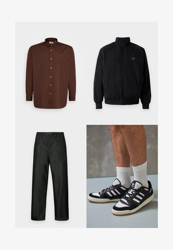 Svart zipjacka med hög krage, tillverkad av lätt material. Har elastiska cuffar och midja, med en liten logo på övre vänster.; Brun knäppskjorta med spridd krage, långa ärmar och en slät tygkvalitet. Har vita knappar längs fram.; Svarta byxor med en lätt glans, med raka ben, två framfickor och en diskret logotyp på övre vänstra sidan.; Svartvita sneakers med ovandel i mocka och läder, med tre vita ränder, perforerad tå och sula av gummigummi.