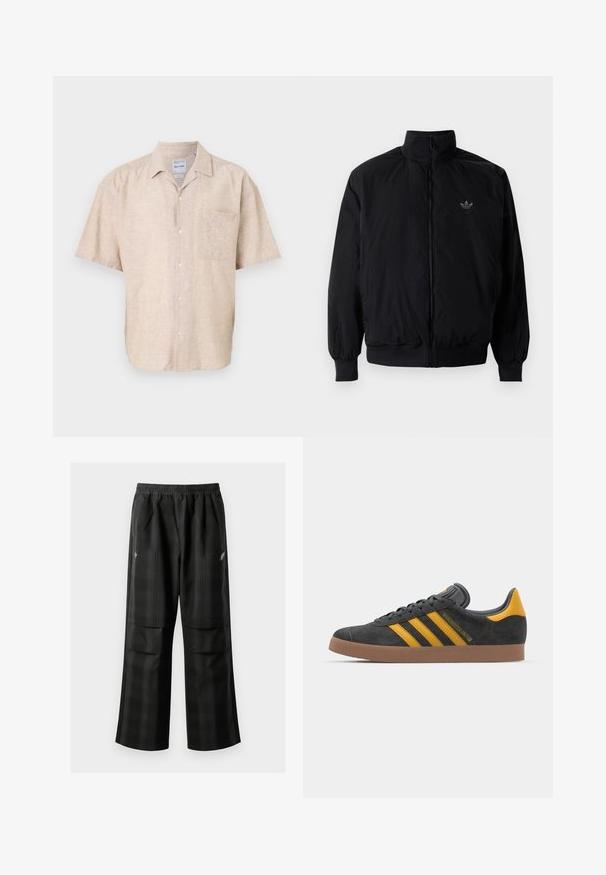 Black zipped jacket with high collar, made of lightweight material. Features elastic cuffs and waistband, with a small logo on the upper left.; Short-sleeve button-up shirt in beige linen blend, featuring a chest pocket, subtle texture, and a classic collar design.; Black plaid pants featuring an elastic waistband, two front pockets, and a loose fit with a straight leg design. Made from lightweight material.; Black suede sneaker with yellow accents, featuring three stripes and a brown rubber sole. Includes a padded tongue for comfort.