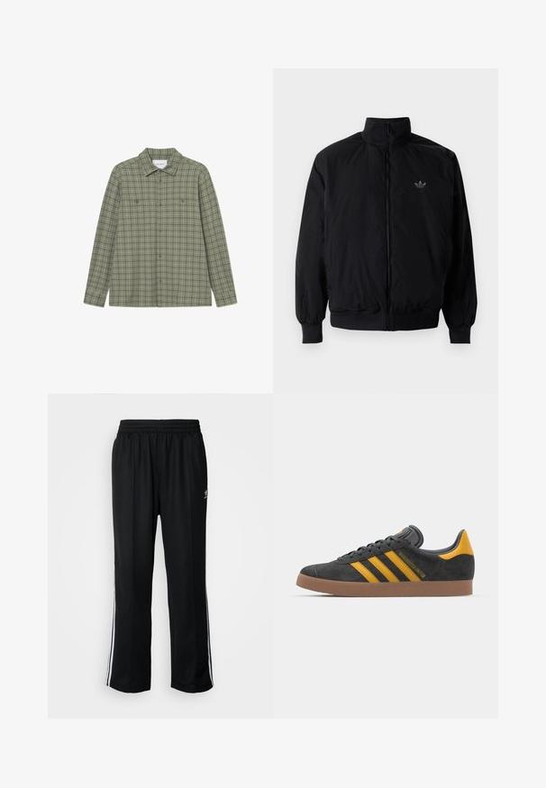 Černá zipová bunda s vysokým límcem, vyrobená z lehkého materiálu. Má elastické manžety a pas, s malým logem na horní levé straně.; Zelená kostkovaná košile s knoflíky, s límcem typu point, dlouhými rukávy, dvěma náprsními kapsami a volným střihem. Vyrobena z textura tkaniny.; Černé sportovní kalhoty s elastickým pasem, s bílými bočními pruhy a malým logem. Materiál vypadá měkce a lehce.; Černé semišové tenisky se žlutými akcenty, vybavené třemi pruhy a hnědou gumovou podrážkou. Obsahují polstrovaný jazyk pro pohodlí.