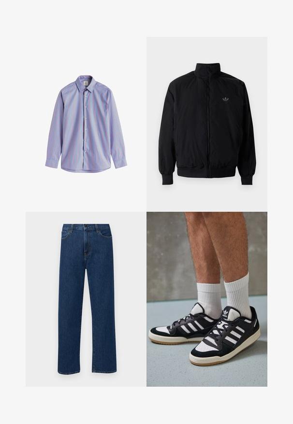 Zwarte geluiting jack met hoge kraag, gemaakt van lichtgewicht materiaal. Voorzien van elastische manchetten en tailleband, met een klein logo op de linkerbovenkant.; Overhemd met lange mouwen van lichtblauwe stof met verticale rode strepen, standaard kraag en knoopsluiting.; Donkerblauwe rechte denim jeans met frontzakken en een knoopsluiting, weergegeven op een effen witte achtergrond.; Zwart-witte sneakers met een bovenwerk van suede en leer, voorzien van drie witte strepen, een geperforeerde neus en een rubberen gumzool.