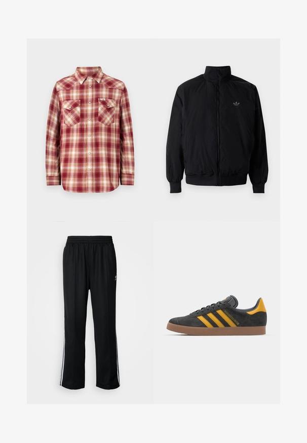 Svart zipjacka med hög krage, tillverkad av lätt material. Har elastiska cuffar och midja, med en liten logo på övre vänster.; Röd och krämrandig flanellskjorta med knäppkrage, långa ärmar och två bröstfickor. Har metalldrivna knappar och en avslappnad passform.; Svarta träningsbyxor med elastisk midja, med vita sidostreck och en liten logotyp. Materialet verkar mjukt och lätt.; Svart mockaskor med gula accenter, med tre ränder och en brun gummisula. Inkluderar en vadderad tunga för extra komfort.