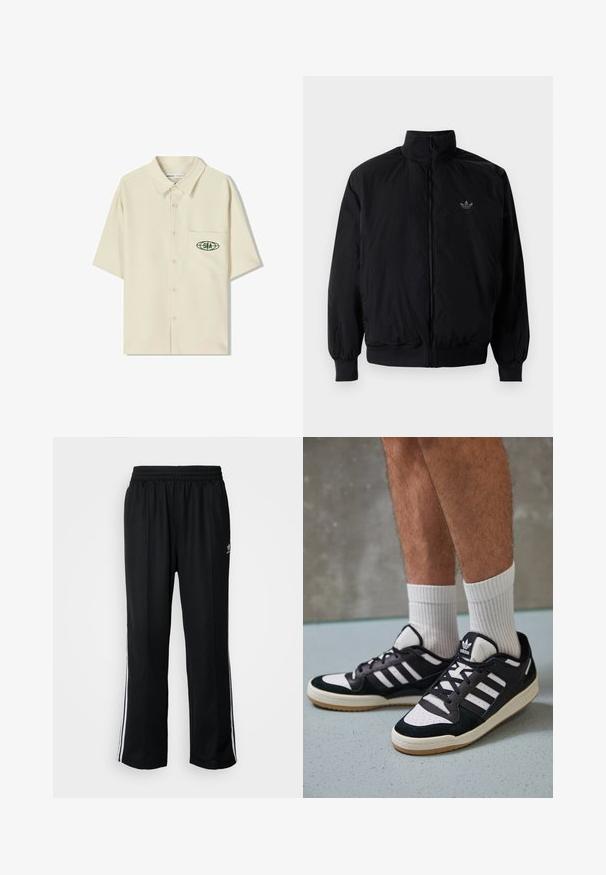 Černá zipová bunda s vysokým límcem, vyrobená z lehkého materiálu. Má elastické manžety a pas, s malým logem na horní levé straně.; Hedvábná krátká béžová košile na knoflíky s límečkem, s zeleným logem na levé náprsní kapse. Hladká, lehká látka.; Černé sportovní kalhoty s elastickým pasem, s bílými bočními pruhy a malým logem. Materiál vypadá měkce a lehce.; Černobílé tenisky s vrchní částí z semišové a kožené kůže, včetně tří bílých pruhů, perforovaného špičky a podrážky z gumy.