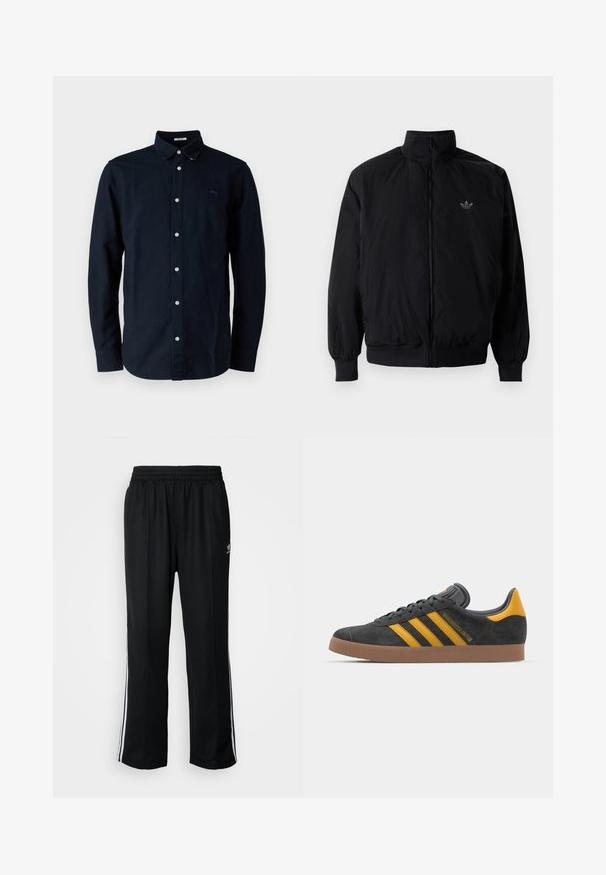 Musta vetoketjullinen takki, jossa on korkea kaulus, valmistettu kevyestä materiaalista. Varustettu joustavilla hihoilla ja vyötäröllä, ja ylävasemmalla on pieni logo.; Tummansininen napitettavaa paitaa ovat valmistettu puuvillasta, ja siinä on klassinen kaulus, pitkät hihat sekä pieni brodeerattu logo rinnassa.; Mustat urheiluhousut, joissa on joustava vyötärö, valkoiset sivuraidat ja pieni logo. Materiaali näyttää pehmeältä ja kevyeltä.; Mustat samettiset tennarit, joissa on keltaisia yksityiskohtia, kolmonen raita ja ruskea kumipohja. Sisältää pehmustetun kielisen mukavuutta varten.