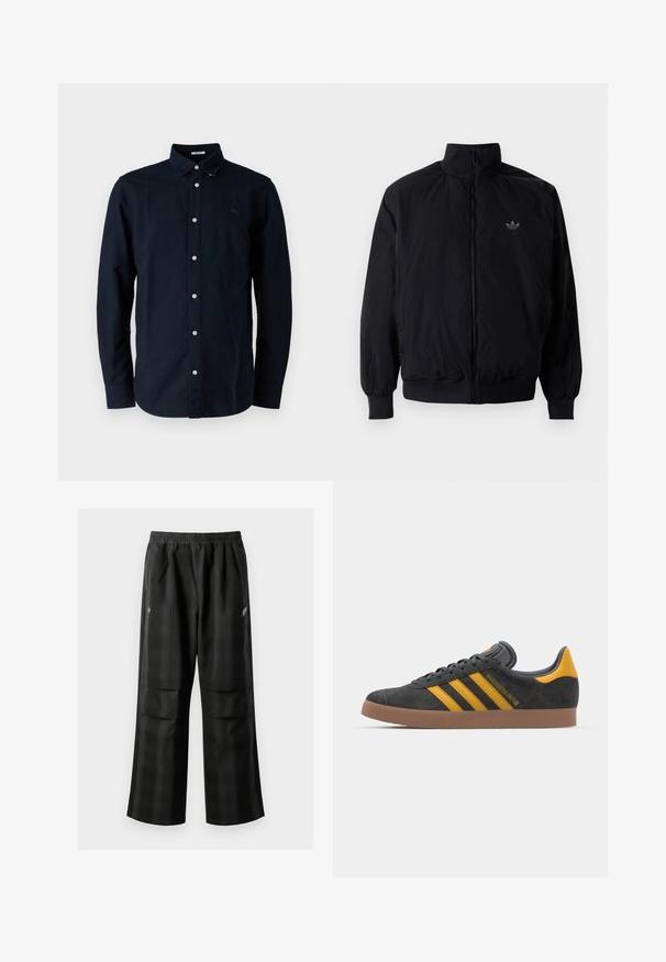 Giacca nera con zip e colletto alto, realizzata in materiale leggero. Presenta polsini e vita elastici, con un piccolo logo in alto a sinistra.; Camicia button-up blu navy in cotone, con colletto classico, maniche lunghe e un piccolo logo ricamato sul petto.; Pantaloni a quadri neri con vita elasticizzata, due tasche frontali e una vestibilità ampia con design a gamba dritta. Realizzati in materiale leggero.; Sneaker in suede nero con dettagli gialli, dotato di tre strisce e una suola in gomma marrone. Include una linguetta imbottita per il comfort.