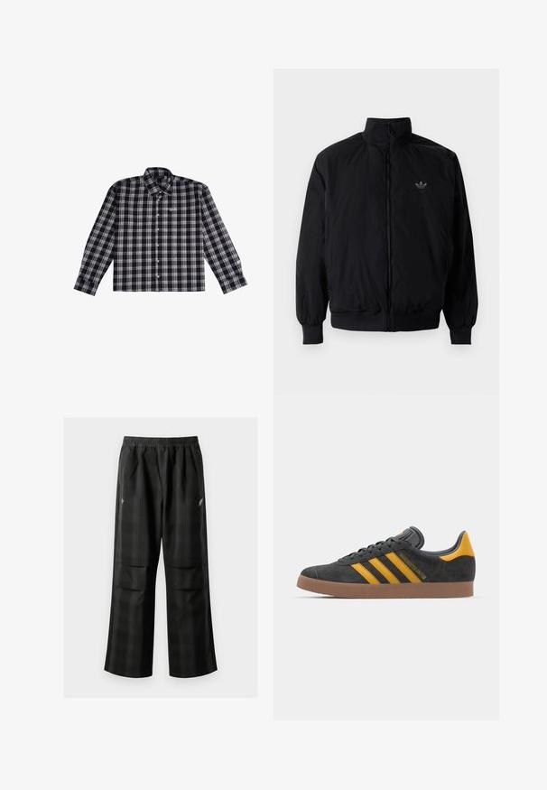 Zwarte geluiting jack met hoge kraag, gemaakt van lichtgewicht materiaal. Voorzien van elastische manchetten en tailleband, met een klein logo op de linkerbovenkant.; Zwart en grijs geruite blouse met lange mouwen, gemaakt van zachte stof, met een knoopsluiting en geborduurd logo op de borst.; Zwarte geruite broek met een elastische tailleband, twee voorzakken en een losse pasvorm met een rechte pijpdesign. Gemaakt van lichtgewicht materiaal.; Zwarte suède sneakers met gele accenten, voorzien van drie strepen en een bruine rubberen zool. Inclusief een gevoerde tong voor comfort.