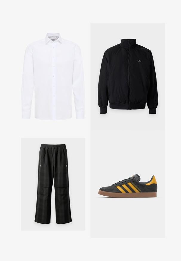 Zwarte geluiting jack met hoge kraag, gemaakt van lichtgewicht materiaal. Voorzien van elastische manchetten en tailleband, met een klein logo op de linkerbovenkant.; Witte dress shirt, lange mouwen, knoopsluiting aan de voorkant, klassieke kraag, gladde katoenstof, met subtiele textuur en heldere knopen.; Zwarte geruite broek met een elastische tailleband, twee voorzakken en een losse pasvorm met een rechte pijpdesign. Gemaakt van lichtgewicht materiaal.; Zwarte suède sneakers met gele accenten, voorzien van drie strepen en een bruine rubberen zool. Inclusief een gevoerde tong voor comfort.