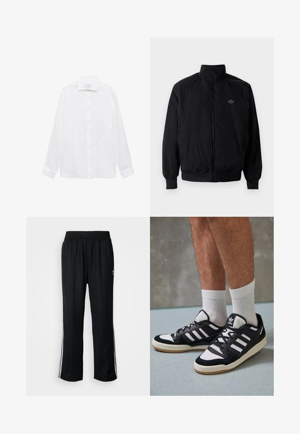 Musta vetoketjullinen takki, jossa on korkea kaulus, valmistettu kevyestä materiaalista. Varustettu joustavilla hihoilla ja vyötäröllä, ja ylävasemmalla on pieni logo.; Valkoinen pitkähiha shirt, valmistettu kevyestä kankaasta. Sisältää klassisen kauluksen, nappikiinnityksen ja pyöristetyt hihansuut.; Mustat urheiluhousut, joissa on joustava vyötärö, valkoiset sivuraidat ja pieni logo. Materiaali näyttää pehmeältä ja kevyeltä.; Valkoiset ja mustat tennarit, joissa on mokkanahka- ja nahkapäällinen, kolme valkoista raitaa, rei'itetty kärki ja kumipohja.