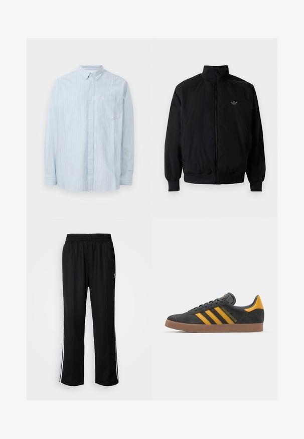 Crna jakna na zip s visokim ovratnikom, izrađena od laganog materijala. Ima elastične manžete i pojas, s malim logotipom na gornjem lijevom dijelu.; Svijetloplava košulja s dugim rukavima i bijelim vertikalnim prugama, s ovratnikom i džepom na prsima. Izrađena od mekog materijala.; Crne sportske hlače s elastičnom trakom oko struka, s bijelim bočnim prugama i malim logotipom. Materijal izgleda mekan i lagan.; Crne nubuk tenisice s žutim detaljima, sa tri pruge i smešnim gumenim potplatom. Imaju jastučić na jeziku za udobnost.