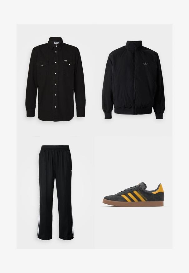 Crna jakna na zip s visokim ovratnikom, izrađena od laganog materijala. Ima elastične manžete i pojas, s malim logotipom na gornjem lijevom dijelu.; Crna košulja s dugim rukavima s oštrim ovratnikom, dva džepa na prsima, bijelim dugmadi na kopčanje i teksturiranom tkaninom. Wrangler logotip na lijevoj strani prsnog dijela.; Crne sportske hlače s elastičnom trakom oko struka, s bijelim bočnim prugama i malim logotipom. Materijal izgleda mekan i lagan.; Crne nubuk tenisice s žutim detaljima, sa tri pruge i smešnim gumenim potplatom. Imaju jastučić na jeziku za udobnost.