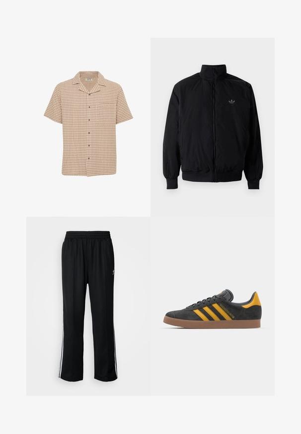 Black zipped jacket with high collar, made of lightweight material. Features elastic cuffs and waistband, with a small logo on the upper left.; Short-sleeve button-up shirt with a brown and cream checked pattern, chest pocket, soft fabric, and open collar design.; Black athletic pants with an elastic waistband, featuring white side stripes and a small logo. Material appears soft and lightweight.; Black suede sneaker with yellow accents, featuring three stripes and a brown rubber sole. Includes a padded tongue for comfort.