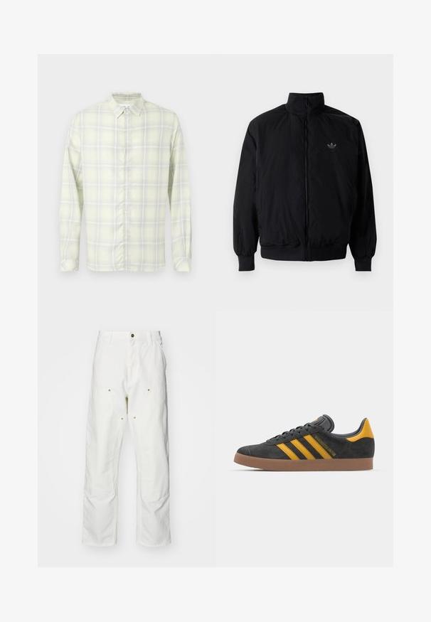 Czarna kurtka zapinana na zamek z wysokim kołnierzem, wykonana z lekkiego materiału. Posiada elastyczne mankiety i pas, oraz małe logo na górnej lewej stronie.; Jasnożółta koszula w kratę z długim rękawem i kołnierzykiem, rozłożona na płasko na białym tle.; Białe bawełniane spodnie cargo o luźnym kroju. Cechy to przednie kieszenie, złote akcenty oraz wzmocnione części kolan.; Czarne zamszowe sneakersy z żółtymi akcentami, z trzema paskami i brązową gumową podeszwą. Posiadają wyściełany język dla większego komfortu.