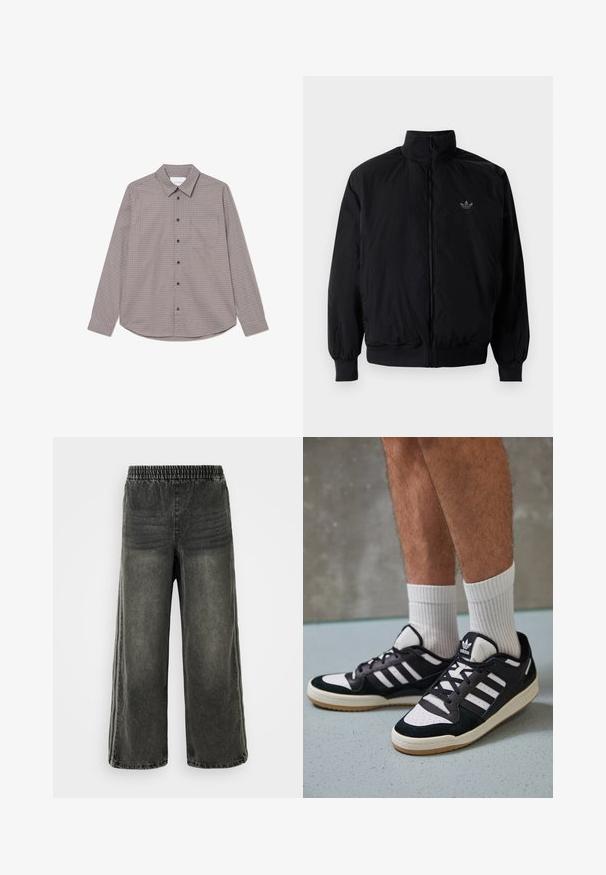 Chaqueta negra con cremallera y cuello alto, hecha de material ligero. Cuenta con puños y cinturilla elásticos, y un pequeño logo en la parte superior izquierda.; Camisa de manga larga de botones en un patrón de cuadros marrón y beige. Presenta un cuello, un bolsillo en el pecho y botones negros en la parte delantera.; Pantalones de mezclilla negro lavado con cinturilla elástica y piernas anchas, con sutiles detalles de costura vertical en los lados.; Zapatillas en blanco y negro con parte superior de ante y cuero, que presentan tres franjas blancas, una puntera perforada y una suela de goma.