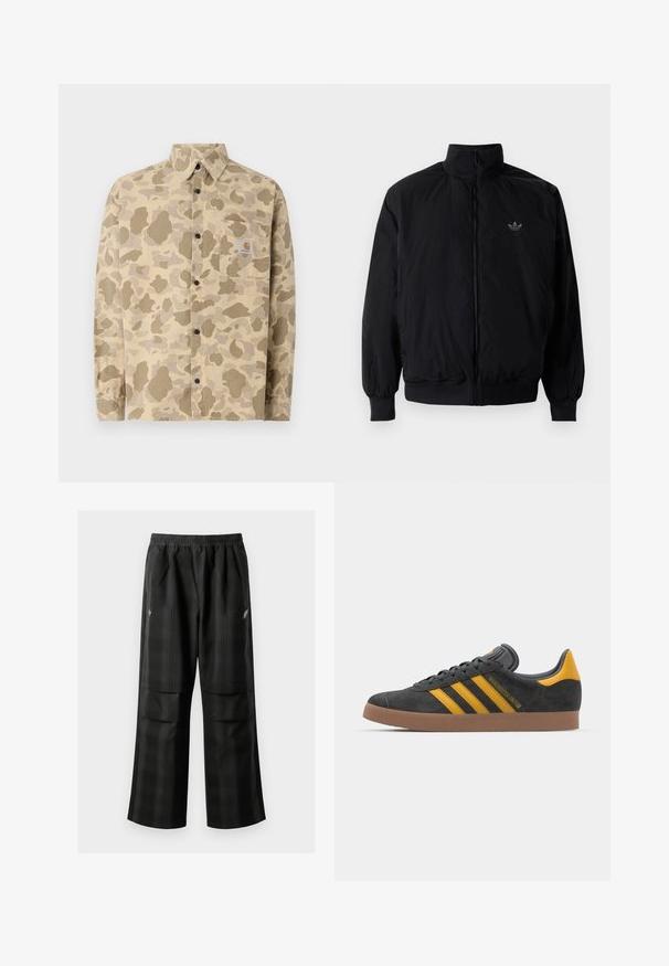 Giacca nera con zip e colletto alto, realizzata in materiale leggero. Presenta polsini e vita elastici, con un piccolo logo in alto a sinistra.; Camicia button-up di colore beige con un motivo camouflage in diverse tonalità di marrone. Presenta una tasca sul petto e bottoni neri. Realizzata in tessuto con una texture morbida.; Pantaloni a quadri neri con vita elasticizzata, due tasche frontali e una vestibilità ampia con design a gamba dritta. Realizzati in materiale leggero.; Sneaker in suede nero con dettagli gialli, dotato di tre strisce e una suola in gomma marrone. Include una linguetta imbottita per il comfort.