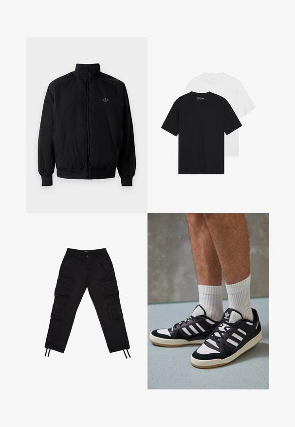 Crna jakna na zip s visokim ovratnikom, izrađena od laganog materijala. Ima elastične manžete i pojas, s malim logotipom na gornjem lijevom dijelu.; Dva majice, jedna crna i jedna bijela, s kratkim rukavima, okruglim izrezima i glatkom pamučnom teksturom. Vidljiva oznaka branda unutra.; Crne cargo hlače s više velikih bočnih džepova, pojasom sa špagom za vezanje, suženim otvorima nogavica i glatkom teksturom tkanine.; Crne i bijele tenisice s gornjim dijelom od antilopa i kože, s tri bijele pruge, perforiranim prstom i gumiranim potplatom.