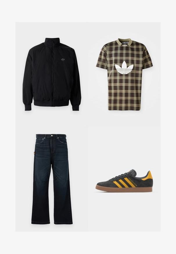 Crna jakna na zip s visokim ovratnikom, izrađena od laganog materijala. Ima elastične manžete i pojas, s malim logotipom na gornjem lijevom dijelu.; Pamučni kratki rukavi stilizirani majica s uzorkom smeđe i zelene karirane tkanine, s ovratnikom i velikim bijelim Adidas logotipom sprijeda. Glatka tekstura tkanine.; Tamno plave traperice ravnog kroja s klasičnim dizajnom s pet džepova, petljama za remen i suptilnim izblijedjelim detaljima sprijeda i na koljenima.; Crne nubuk tenisice s žutim detaljima, sa tri pruge i smešnim gumenim potplatom. Imaju jastučić na jeziku za udobnost.