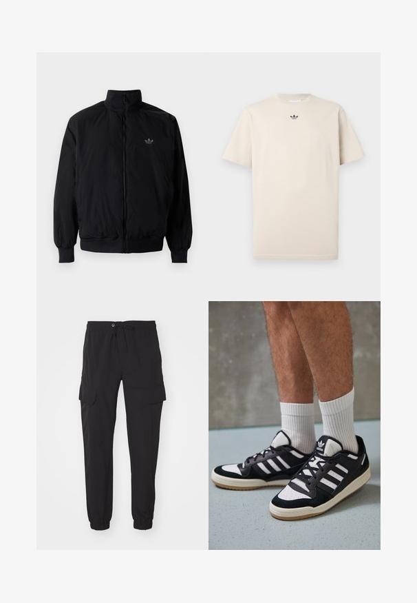 Musta vetoketjullinen takki, jossa on korkea kaulus, valmistettu kevyestä materiaalista. Varustettu joustavilla hihoilla ja vyötäröllä, ja ylävasemmalla on pieni logo.; Beige puuvillane t-särk ümarate kaelustega, lühikeste varrukatega ja väikese tumeda logoga rinnas. Sile tekstuur ja vaba lõige.; Mustat cargo-housut, joissa on elastinen vyötärönauha, kiristysnarut ja kaksi sivutaskua. Valmistettu kevyestä kankaasta, jossa on kapenevat lahkeet.; Valkoiset ja mustat tennarit, joissa on mokkanahka- ja nahkapäällinen, kolme valkoista raitaa, rei'itetty kärki ja kumipohja.