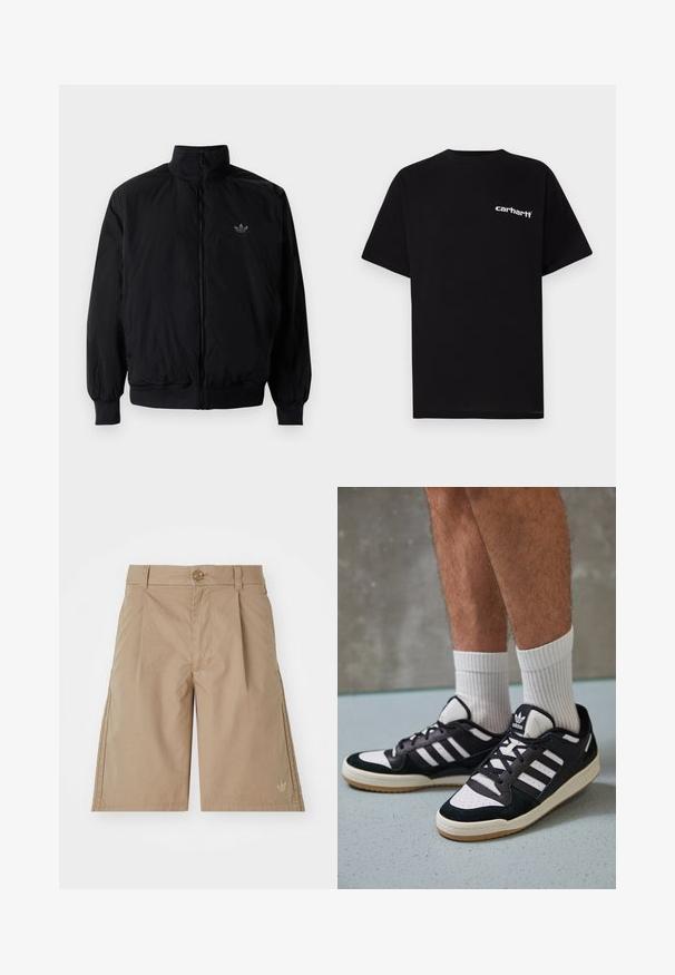 Svart zipjacka med hög krage, tillverkad av lätt material. Har elastiska cuffar och midja, med en liten logo på övre vänster.; Svart bomullst-shirt med korta ärmar, rund halsringning och vitt "Carhartt"-logotyp på vänster bröst. Slät textur, minimalistisk design.; Beige bomullsshorts med rak skärning, framfållar och enstaka knappstängning. Har en diskret logotyp på nedre vänstra sidan.; Svartvita sneakers med ovandel i mocka och läder, med tre vita ränder, perforerad tå och sula av gummigummi.