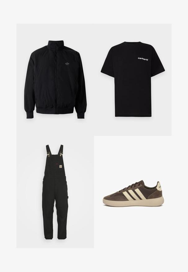 Zwarte geluiting jack met hoge kraag, gemaakt van lichtgewicht materiaal. Voorzien van elastische manchetten en tailleband, met een klein logo op de linkerbovenkant.; Zwart katoenen T-shirt met korte mouwen, ronde hals en een wit "Carhartt"-logo op de linkerborst. Gladde textuur, minimalistisch ontwerp.; Zwarte katoen salopettes met verstelbare banden, een voorkantzak met logo patch en twee zijzakken in een relaxte pasvorm.; Bruine suède sneaker met drie witte strepen, afgeronde neus, dikke rubberen zool en minimale branding op de hiel.