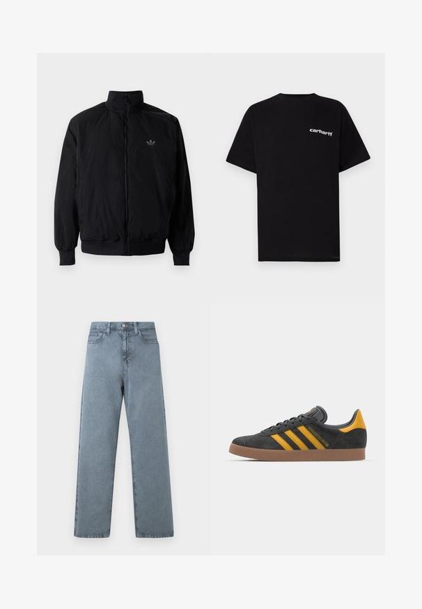 Musta vetoketjullinen takki, jossa on korkea kaulus, valmistettu kevyestä materiaalista. Varustettu joustavilla hihoilla ja vyötäröllä, ja ylävasemmalla on pieni logo.; Musta puuvillainen t-paita, jossa on lyhyet hihat, pyöreä pääntie ja valkoinen "Carhartt"-logo vasemmassa rinnassa. Sileä pinta, minimalistinen design.; Vaaleansiniset farkut suoran lahkeen muotoilulla, viidellä taskulla, metallinappikiinnityksellä ja hieman haalistuneella pinnalla.; Mustat samettiset tennarit, joissa on keltaisia yksityiskohtia, kolmonen raita ja ruskea kumipohja. Sisältää pehmustetun kielisen mukavuutta varten.