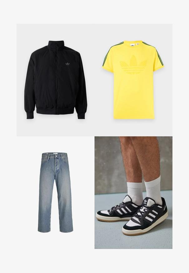 Czarna kurtka zapinana na zamek z wysokim kołnierzem, wykonana z lekkiego materiału. Posiada elastyczne mankiety i pas, oraz małe logo na górnej lewej stronie.; Żółta koszulka z teksturowanym nadrukiem logo na środku. Posiada zielone paski boczne na rękawach raglanowych. Wykonana z gładkiego bawełnianego materiału.; Jasnoniebieskie dżinsy o luźnym kroju, wysokim stanie i prostych nogawkach. Posiadają kieszenie z przodu oraz metalowe zapięcie.; Czarno-białe sneakersy z zamszową i skórzaną cholewką, z trzema białymi paskami, perforowanym czubkiem i gumową podeszwą w kolorze gumy.