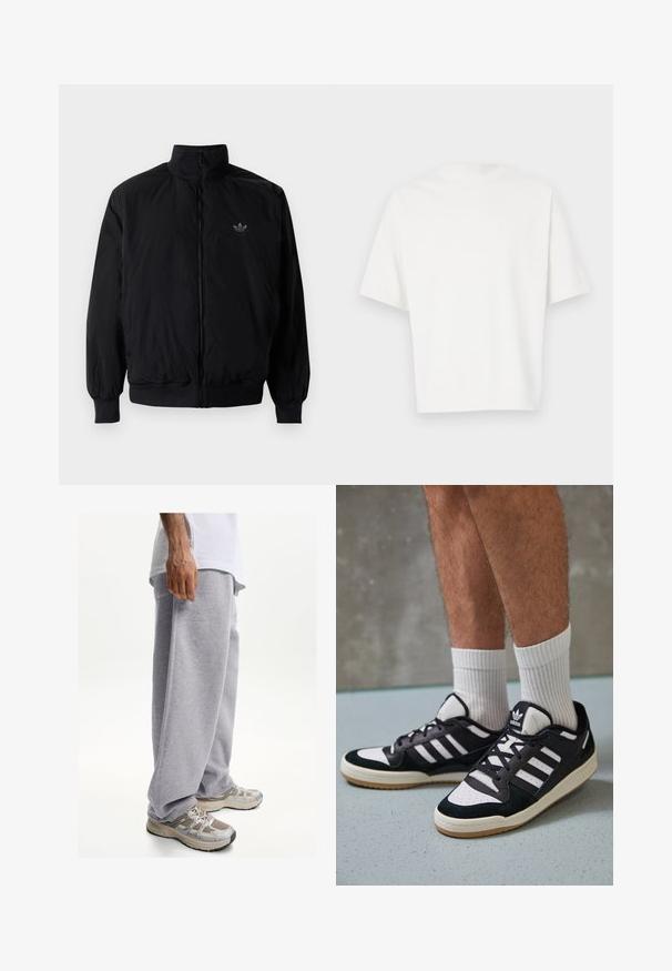 Crna jakna na zip s visokim ovratnikom, izrađena od laganog materijala. Ima elastične manžete i pojas, s malim logotipom na gornjem lijevom dijelu.; Bijela kratka majica s kratkim rukavima, izrađena od mekog materijala. Okrugli izrez, opušteni kroj i jednostavan dizajn bez ukrasa ili uzoraka.; Sive trenirke napravljene od mekog materijala, s opuštenim krojem i elastičnim pojasom. Uparene s bež i sivim sportskim tenisicama.; Crne i bijele tenisice s gornjim dijelom od antilopa i kože, s tri bijele pruge, perforiranim prstom i gumiranim potplatom.