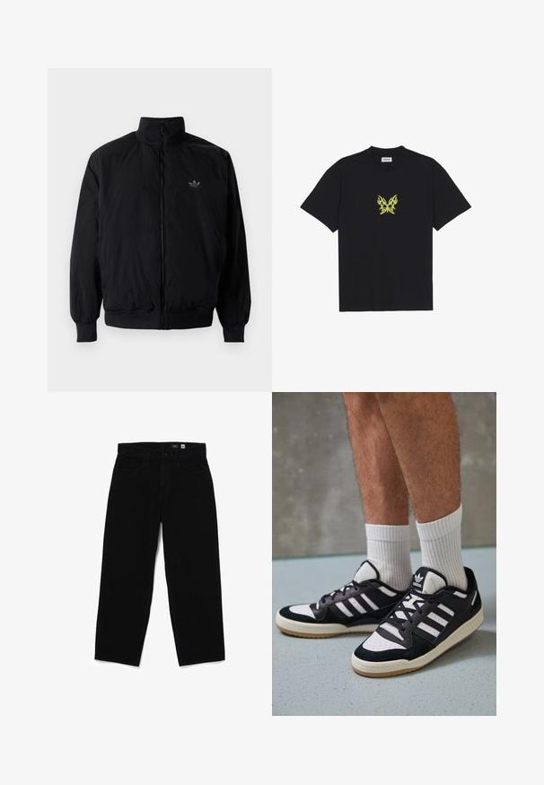 Sort lynlåsjakke med høj krave, fremstillet af letvægtsmateriale. Har elastiske manchetter og talje, med et lille logo på øverste venstre side.; Sort bomulds t-shirt med et lille, gult flamme-mønsteret sommerfugl grafik på brystet. Rund halsudskæring, korte ærmer.; Sort denim lige ben jeans med knaplukning, fem lommer og en glat tekstur. Mærke synligt indeni taljebåndet, der viser størrelse 32.; Sorte og hvide sneakers med en overdel i ruskind og læder, der har tre hvide striber, en perforeret tå og en sål i gummigummi.