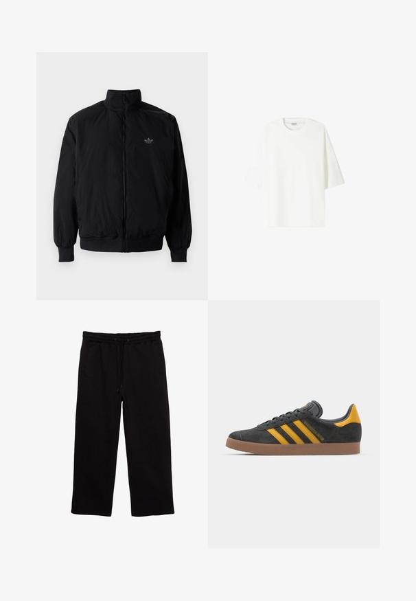 Crna jakna na zip s visokim ovratnikom, izrađena od laganog materijala. Ima elastične manžete i pojas, s malim logotipom na gornjem lijevom dijelu.; Bijela majica kratkih rukava od pamuka, s okruglim izrezom i ležernim krojem te ravnim rubom.; Crne trenirke od mekane tkanine, s elastičnim pojasom i vezicom, dva bočna džepa i opuštenim krojem.; Crne nubuk tenisice s žutim detaljima, sa tri pruge i smešnim gumenim potplatom. Imaju jastučić na jeziku za udobnost.