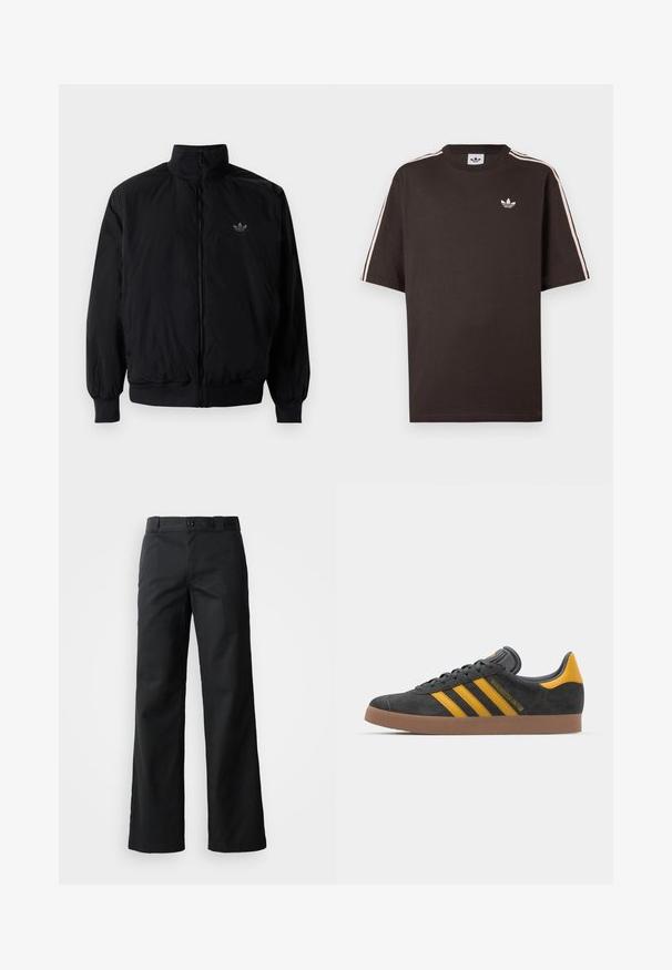 Black zipped jacket with high collar, made of lightweight material. Features elastic cuffs and waistband, with a small logo on the upper left.; Brown cotton t-shirt with short sleeves, featuring white stripes on the shoulders and a small white logo on the chest.; Black wide-leg trousers in a smooth fabric. Features a button closure, belt loops, and side pockets. Clean, tailored silhouette.; Black suede sneaker with yellow accents, featuring three stripes and a brown rubber sole. Includes a padded tongue for comfort.